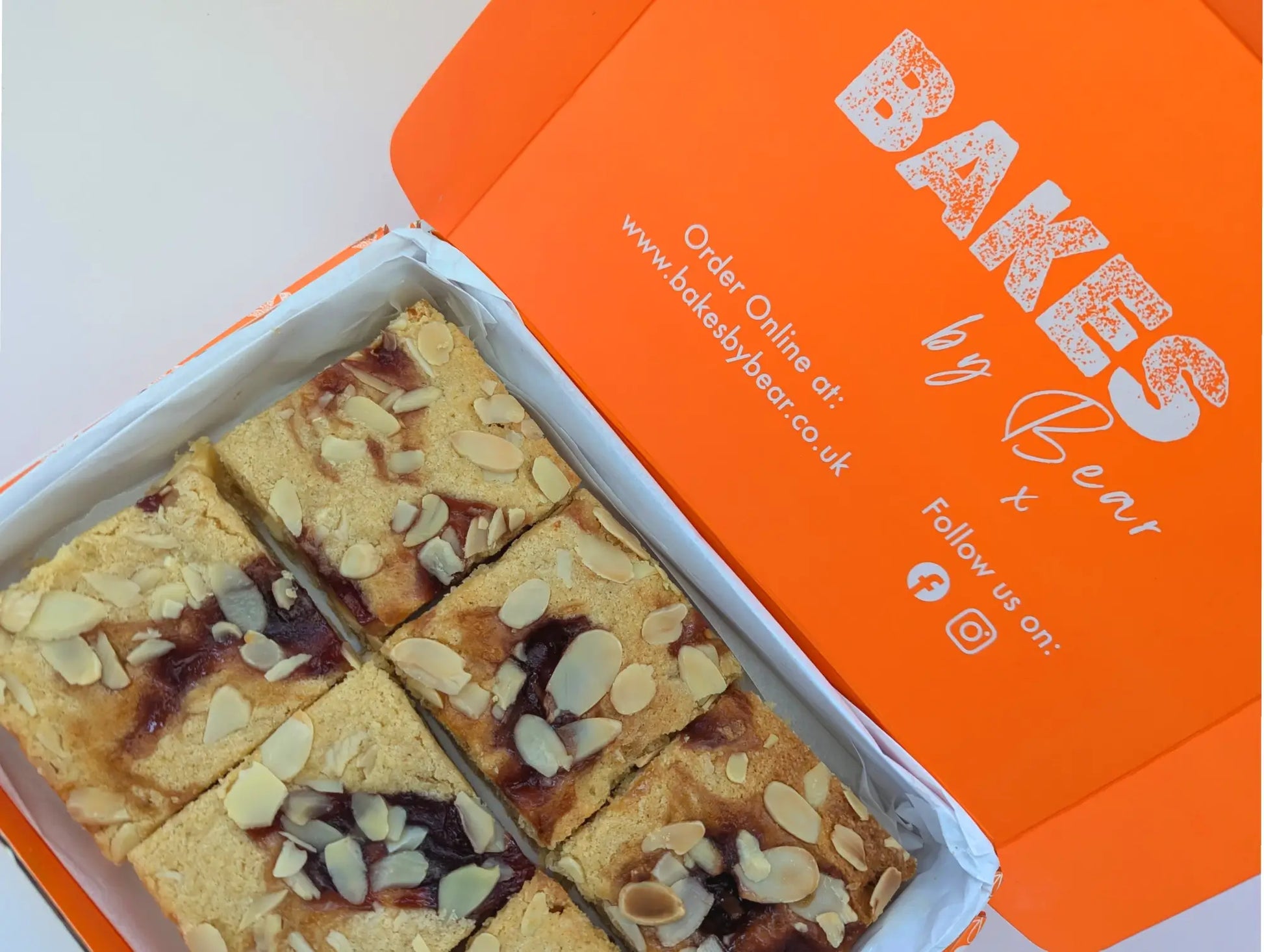 Bakewell Blondies in Bakes by Bear Orange Box